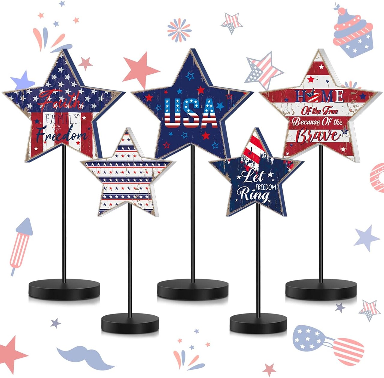 5 Pcs Patriotic 4th of July Standing Star Block Set Wooden Star Table Decoration Red White Blue Independence Day Wood Patriotic Decor Memorial Day Centerpieces for American Festival(Retro)